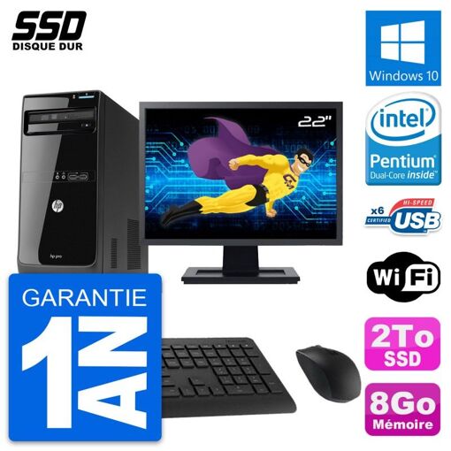 PC de escritorio HP Pro 3500 MT - Pantalla de 22'', Procesador Intel Pentium G2020, 8 GB de RAM, Disco duro SSD de 2 TB, Windows 10, WiFi