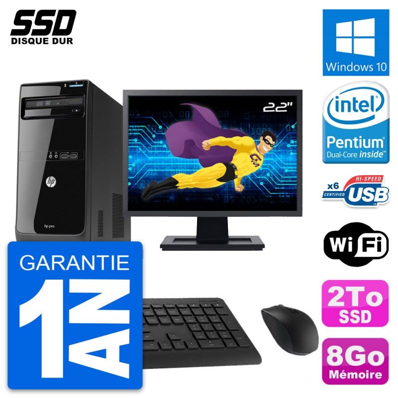 HP Pro 3500 MT Desktop PC - 22" Screen, Intel Pentium G2020, 8GB RAM, 2TB SSD, Windows 10, WiFi