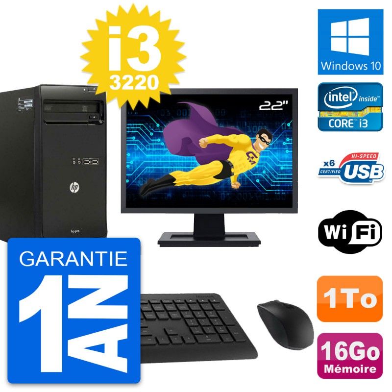 HP Pro 3500 Desktop Computer, 22" Screen, Intel i3-3220, 16GB RAM, 1TB HDD, Windows 10, WiFi