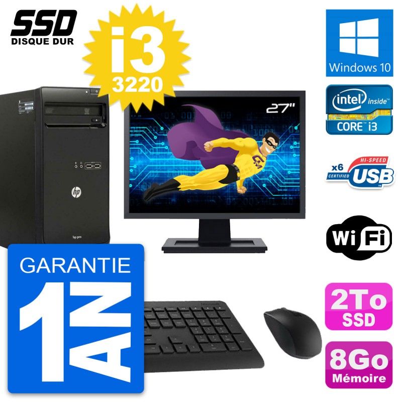HP Pro 3500 MT Desktop PC - 27" Screen, Intel i3-3220, 8GB RAM, 2TB SSD, Windows 10, Wifi