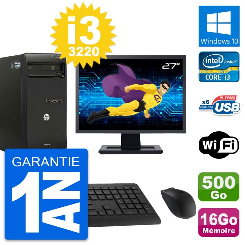 HP Pro 3500 MT Desktop PC - 27" Screen, i3-3220, 16GB RAM, 500GB Disk, Windows 10, WiFi