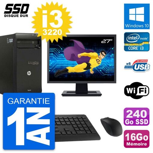 PC de sobremesa HP Pro 3500 MT - Pantalla de 27', Intel Core i3-3220, 16 GB de RAM, SSD de 240 GB, Windows 10, WiFi