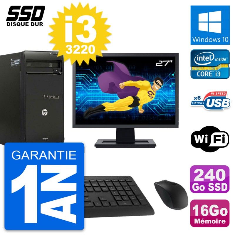 HP Pro 3500 MT Desktop PC - 27" Screen, Core i3-3220, 16GB RAM, 240GB SSD, Windows 10, WiFi