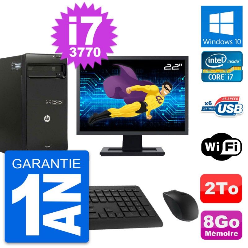 HP Pro 3500 Desktop Computer, 22" Screen, Core i7-3770, 8GB RAM, 2TB HDD, Windows 10, WiFi