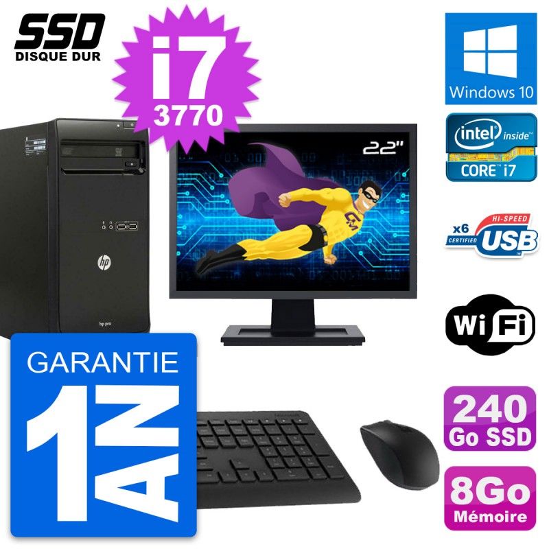 HP Pro 3500 MT Desktop PC - 22" Screen, Core i7-3770, 8GB RAM, 240GB SSD, Windows 10, WiFi