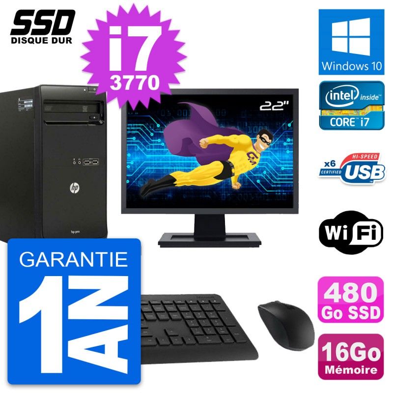 HP Pro 3500 Desktop PC - 22" Screen, Core i7-3770, 16GB RAM, 480GB SSD, Windows 10, WiFi