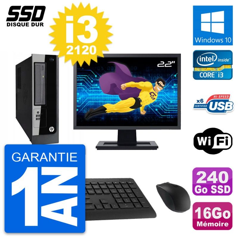 HP Pro 3300 SFF Desktop Computer - 22" Screen, Intel i3-2120, 16GB RAM, 240GB SSD, Windows 10, Wifi