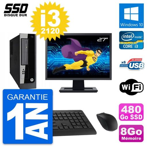 PC de sobremesa HP Pro 3300 SFF - Pantalla de 27'', Intel i3-2120, 8GB RAM, SSD de 480GB, Windows 10, WiFi