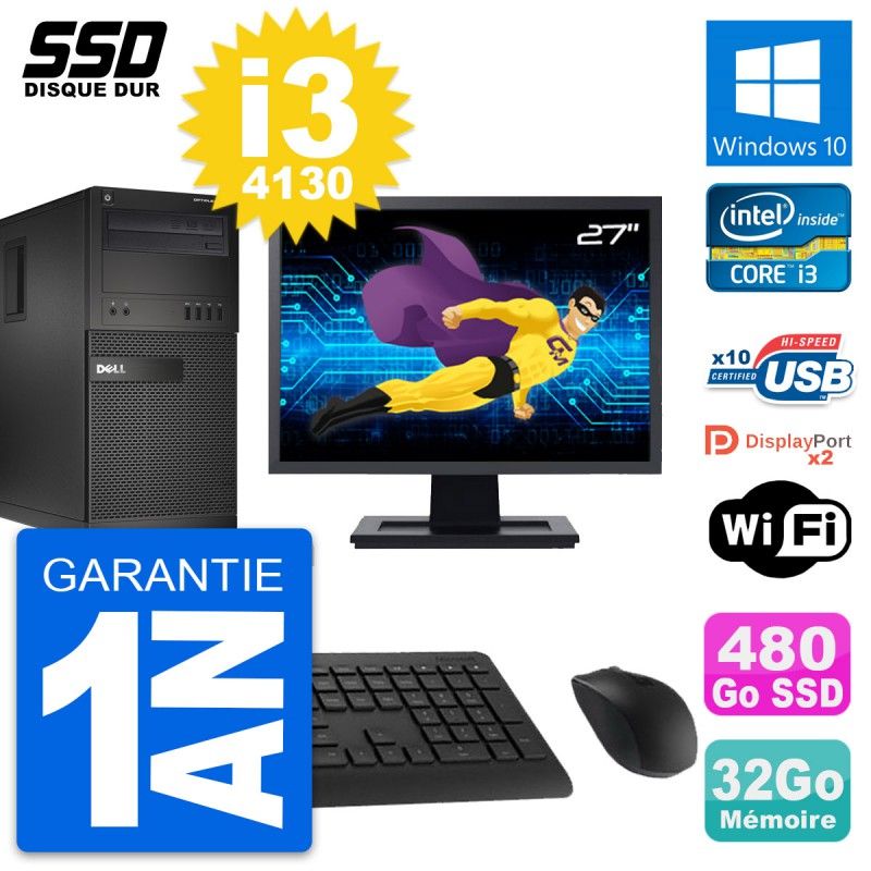 Dell OptiPlex XE2 MT Desktop Computer, 27" Screen, Intel i3-4130, 32GB RAM, 480GB SSD, Windows 10, WiFi