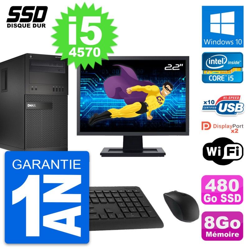 Dell OptiPlex XE2 MT Desktop Computer, 22" Screen, Intel i5-4570, 8GB RAM, 480GB SSD, Windows 10, WiFi