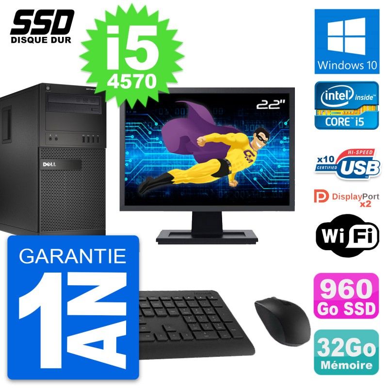 Dell OptiPlex XE2 MT Desktop Computer, 22" Screen, Intel i5-4570, 32GB RAM, 960GB SSD, Windows 10, WiFi