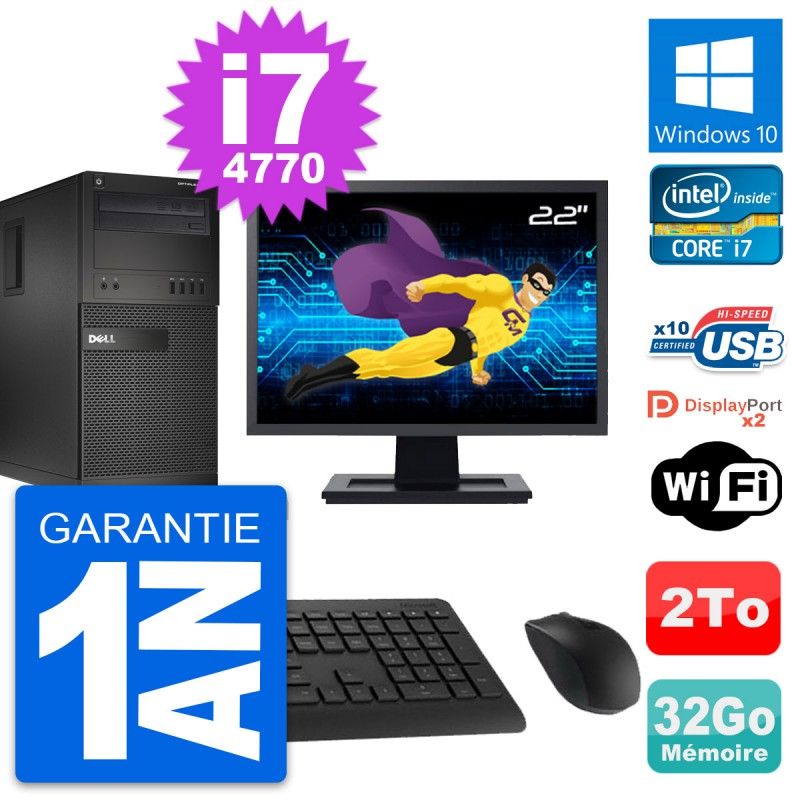 Dell OptiPlex XE2 MT Desktop Computer, 22" Screen, Intel i7-4770, 32GB RAM, 2TB Hard Drive, Windows 10, WiFi