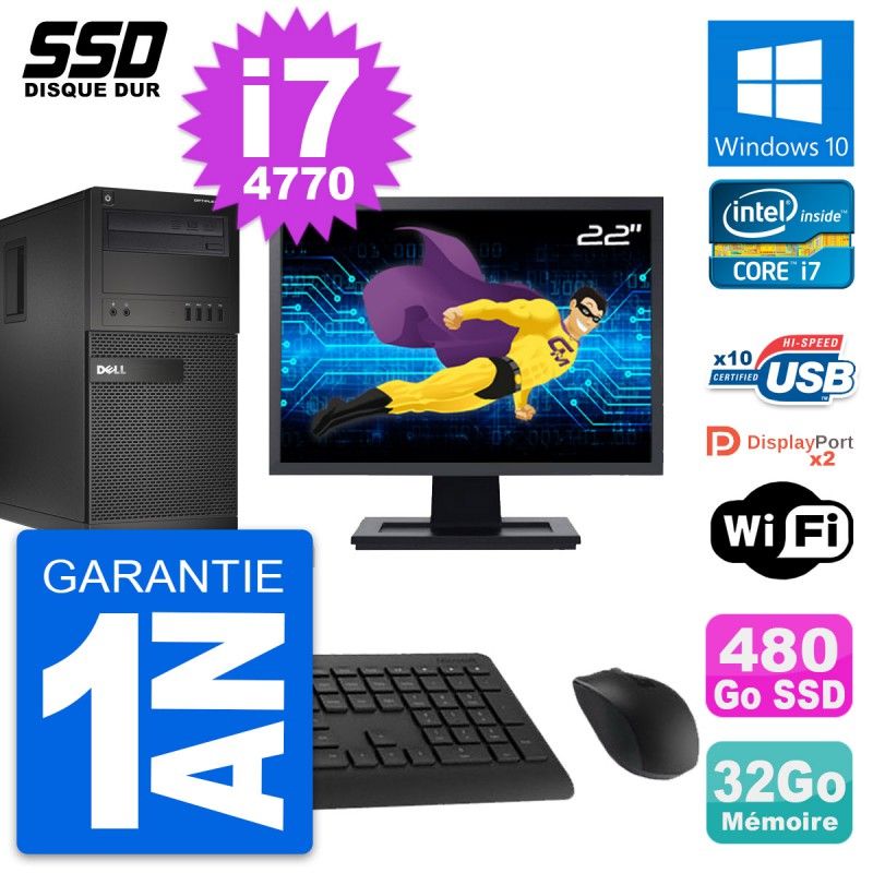 Dell OptiPlex XE2 MT Desktop Computer, 22" Screen, Intel i7-4770, 32GB RAM, 480GB SSD, Windows 10, Wifi