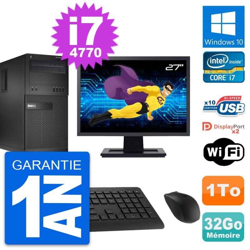 Dell OptiPlex XE2 MT Desktop Computer, 27" Screen, Intel i7-4770, 32GB RAM, 1TB HDD, Windows 10, WiFi