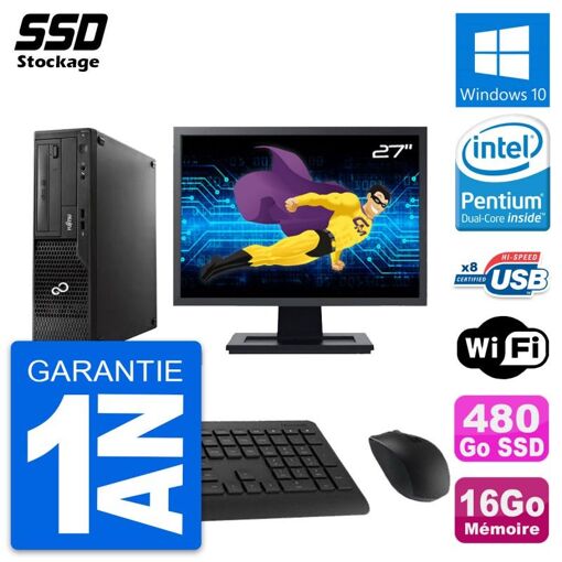 Fujitsu E510 DT, Pantalla de 27 pulgadas, Procesador Intel Pentium G2020, 16GB de RAM, 480GB SSD, Windows 10, WiFi