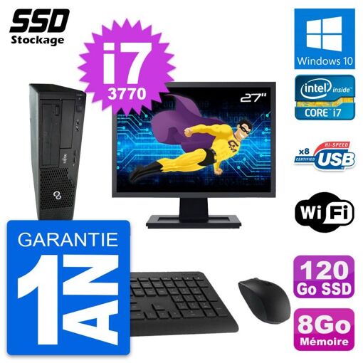 PC de escritorio todo en uno Fujitsu E510 DT de 27 pulgadas - Procesador Intel i7, 8 GB de RAM, SSD de 120 GB, Windows 10, WiFi