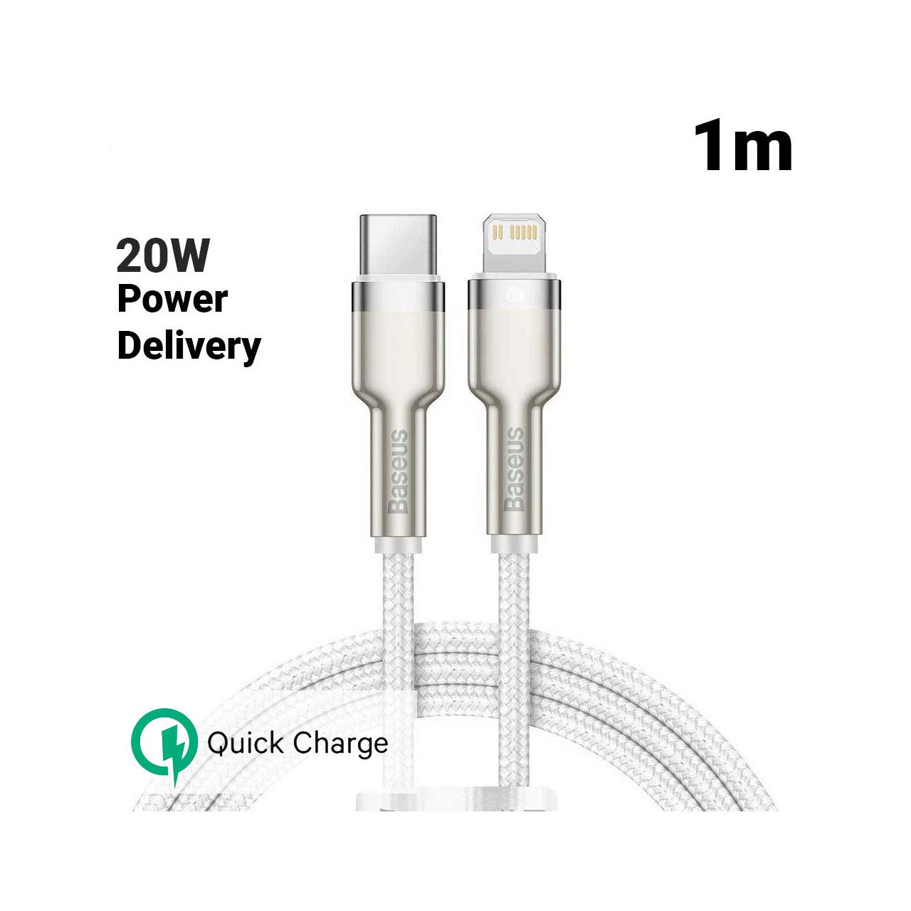 Cable Baseus Cafule Serie Metal Tipo-C a Lightning PD - 20W, 1M, Blanco (Trenza de Nylon)
