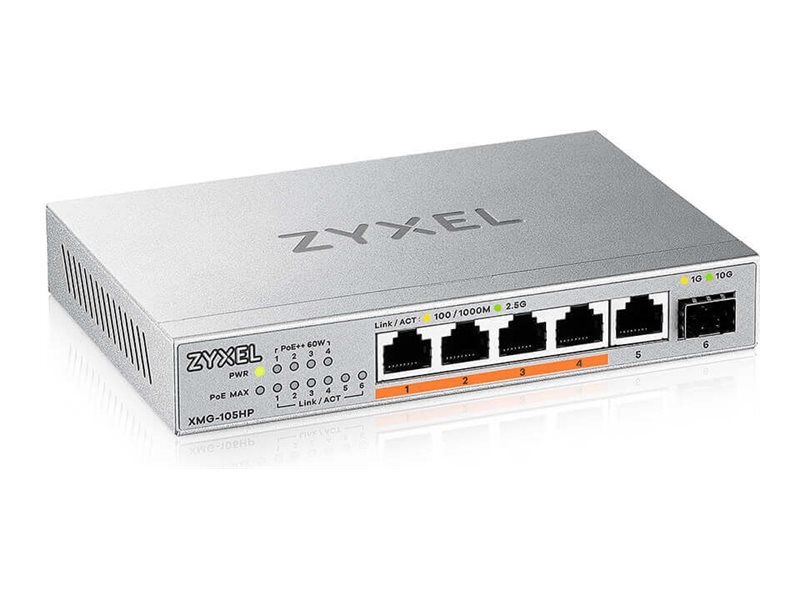 ZyXEL XMG-105HP - Unmanaged Switch - 5 x 10/100/2.5G (PoE++) + 1 x Gigabit SFP / 10G SFP+ - Desk/Wall Mountable