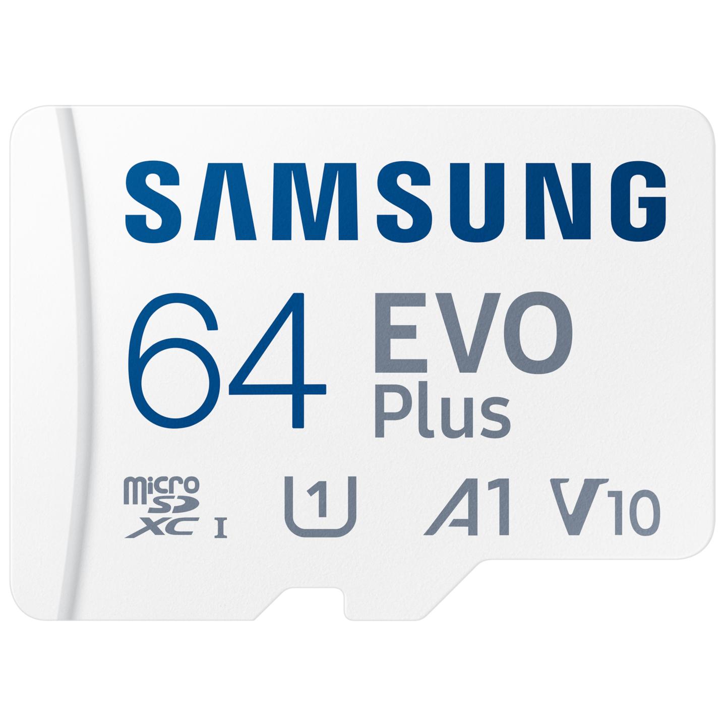 Samsung EVO Plus MB-MC64S - Flash Memory Card (MicroSDXC to SD Adapter Included) - 64GB - A1 / Video Class V10 / UHS-I U1 / Class10 - MicroSDXC UHS-I - White
