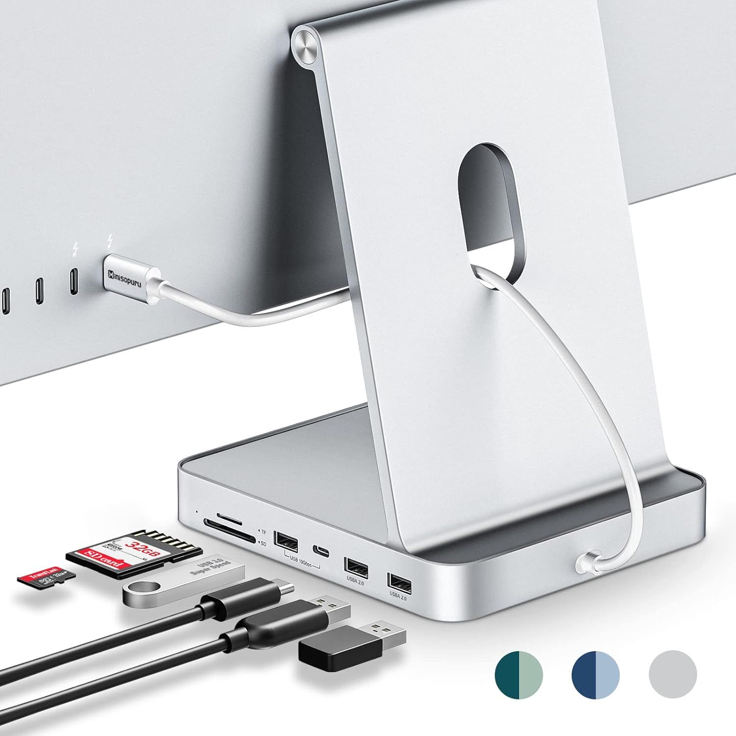 Hub USB C pour iMac 24 pouces 2021/2023/2024 avec SSD M.2 NVMe, Accessoire iMac pour M1/M3/M4, Adaptateur USB 10 Gbit/s, SD/TF, SSD M.2 (Non Inclus), Argent