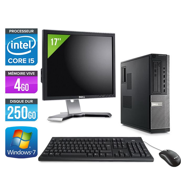 Ordinateur de bureau Dell Optiplex 790 avec écran 17 pouces - Processeur Intel Core i5-2400 / 3,1 GHz - 4 Go de RAM - Disque dur 250 Go - Lecteur DVDRW - Ethernet Gigabit - Windows 7 Professionnel