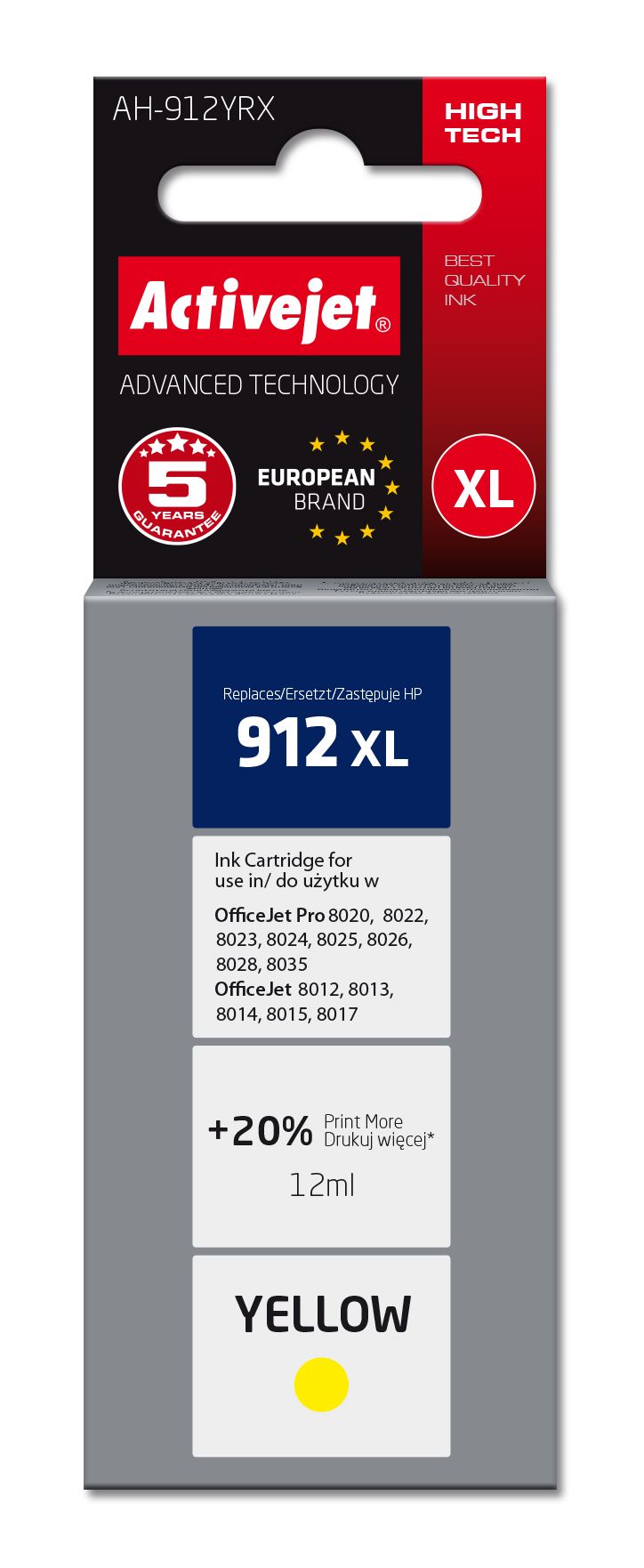 Activejet AH-912YRX Ink for HP Printers, Replacement for HP 912XL