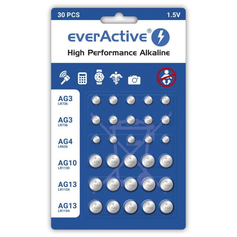 Everactive Mini Alkaline Battery Set (10x G3/LR41, 5x G4/LR626, 5x G10/LR1130, 10x G13/LR1154)