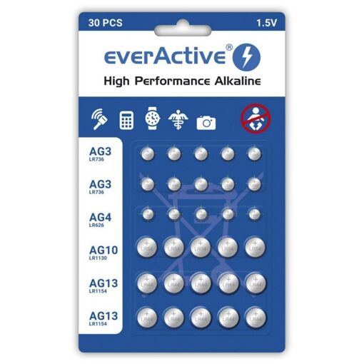 Everactive Mini Alkaline Battery Set (10x G3/LR41, 5x G4/LR626, 5x G10/LR1130, 10x G13/LR1154)