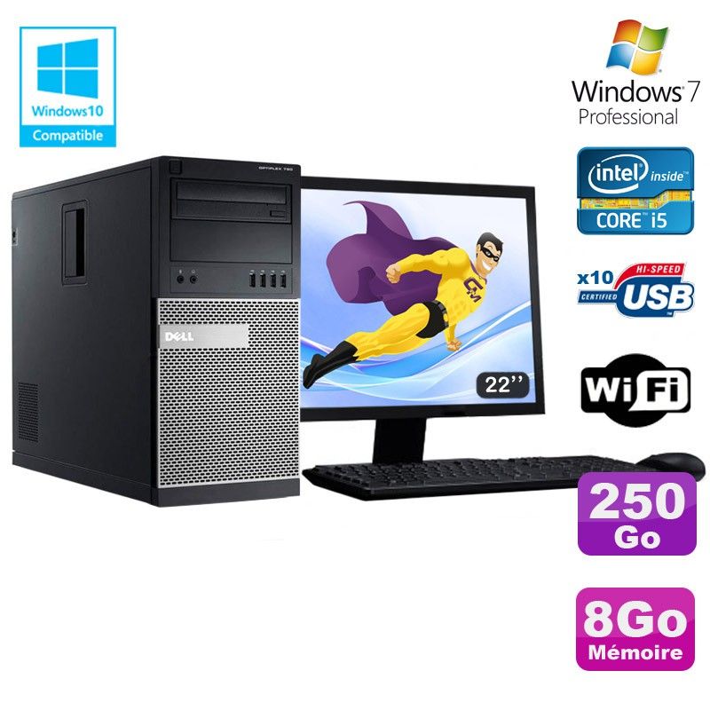 Dell Optiplex 7010 Tower PC - Core i5-3470, 8GB RAM, 250GB HDD, DVD Drive, WiFi, Windows 7 + 22" Screen