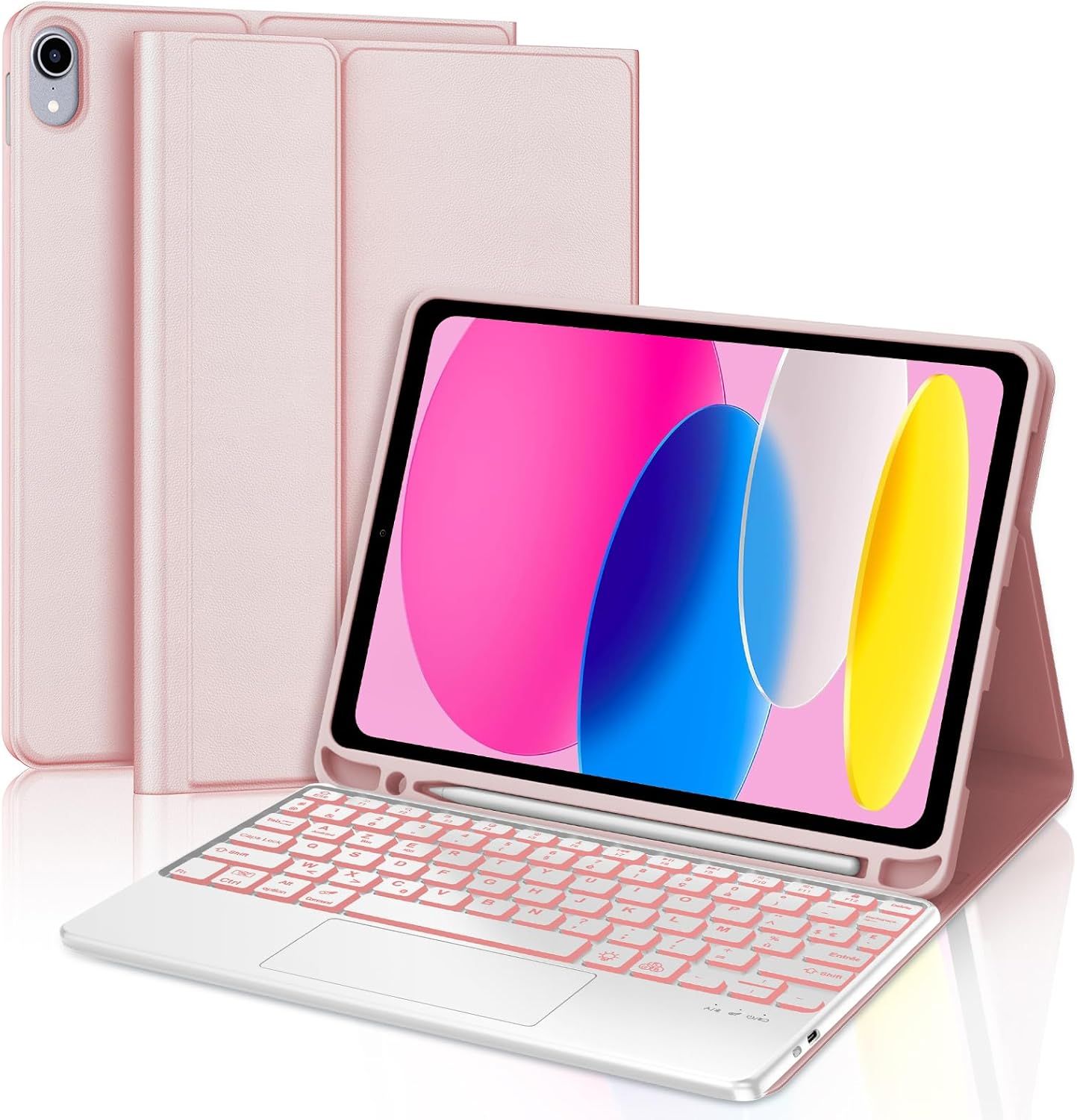 iPad 10th Generation 2022 Keyboard Case with Trackpad, 7-Color Backlight, Wireless Bluetooth AZERTY Keyboard for iPad 10th Gen 2022, Pink