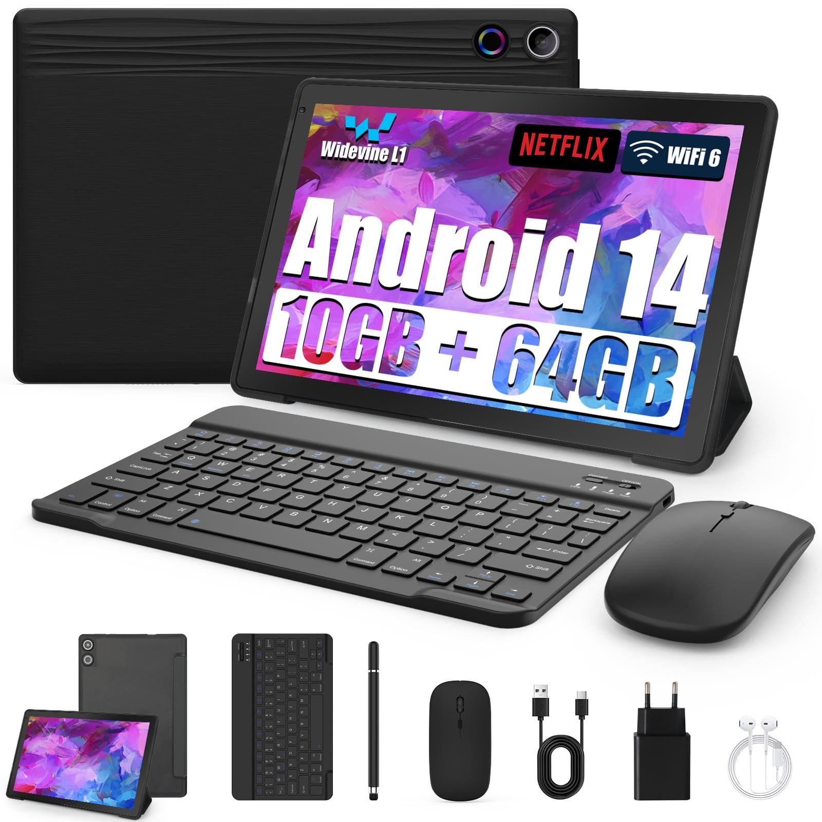 AEEZO 10-Inch 8-in-1 Kit Tablet: Android 14, Octa-Core, 10GB RAM, 64GB ROM/1TB TF, 1280x800 IPS HD Touchscreen, 5000mAh Battery