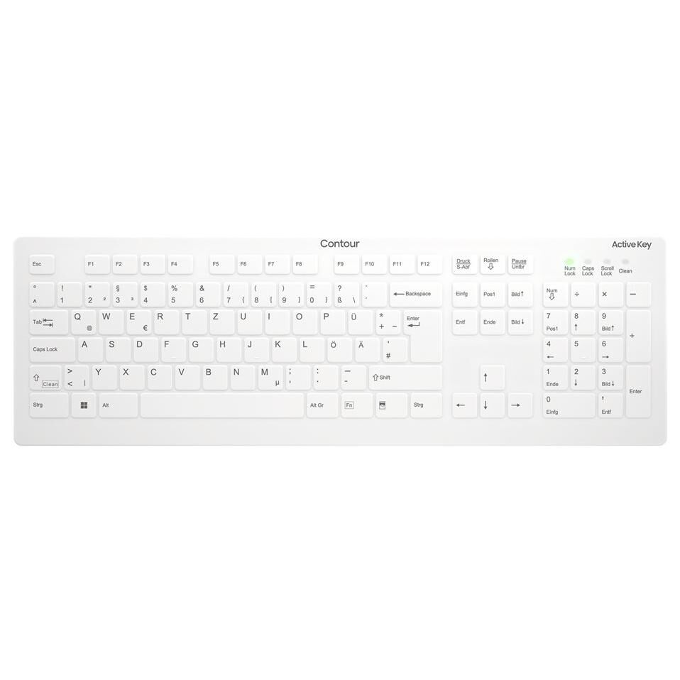 Contour Active Key QuickClean AK-C8112 - Wireless Full Size Medical Keyboard with Hygienic Design and Washable Keys - QWERTZ Layout - German - White