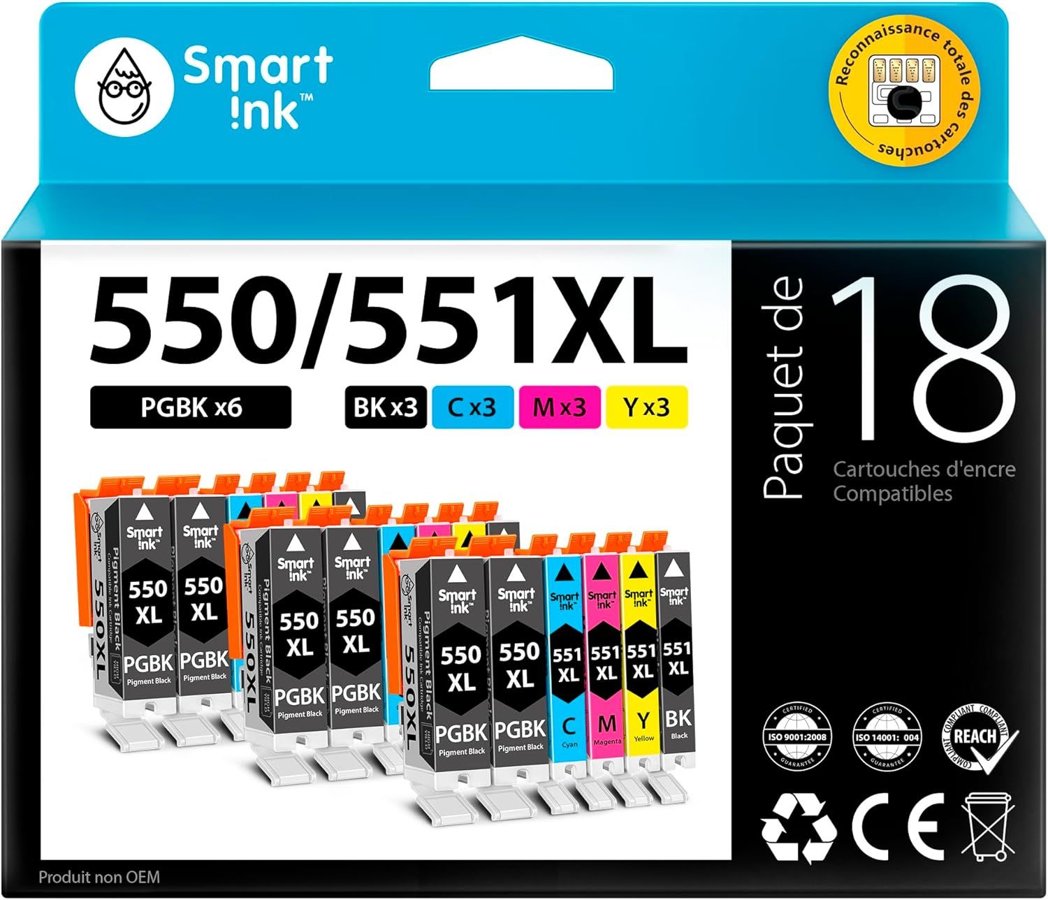 Compatible Ink Cartridge Replacement for Canon PGI 550 XL / CLI 551 XL - 18 Pack (6 Black & 3 Color)