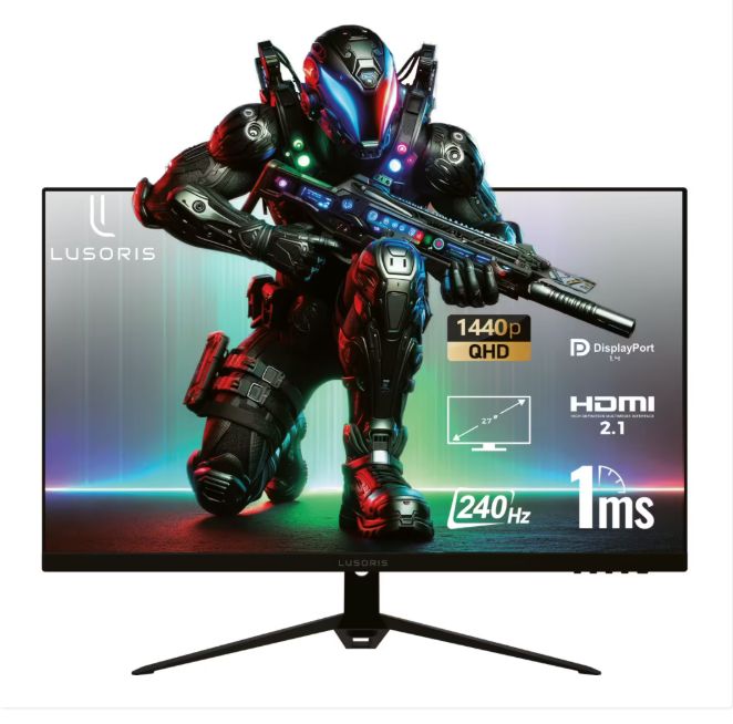 LUSORIS 27-Inch Gaming Monitor IPS, Quad HD, 240Hz, 1ms, HDR, Adaptive Sync, HDMI 2.1, DisplayPort, Built-in Speakers, VESA Mount
