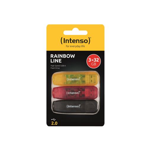 Intenso Rainbow USB Flash Drive - 32GB - USB 2.0 - Black, Yellow, Red (Pack of 3)