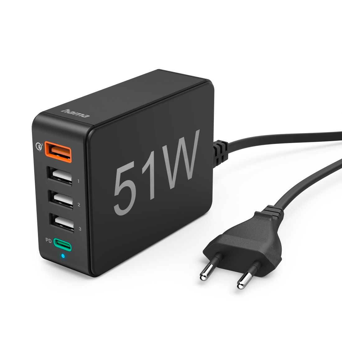 Hama 5-Port Quick Charger, 1x QC 3.0, 3x USB-A, 1x USB-C PD, 51W