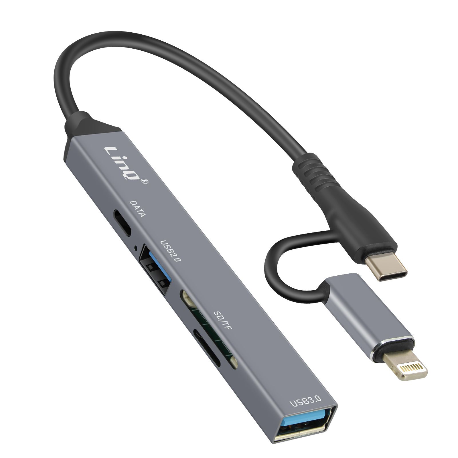 Hub LinQ USB-C y Lightning con transferencia OTG - 1x USB-C + 2x USB + Lector de tarjetas SD/TF
