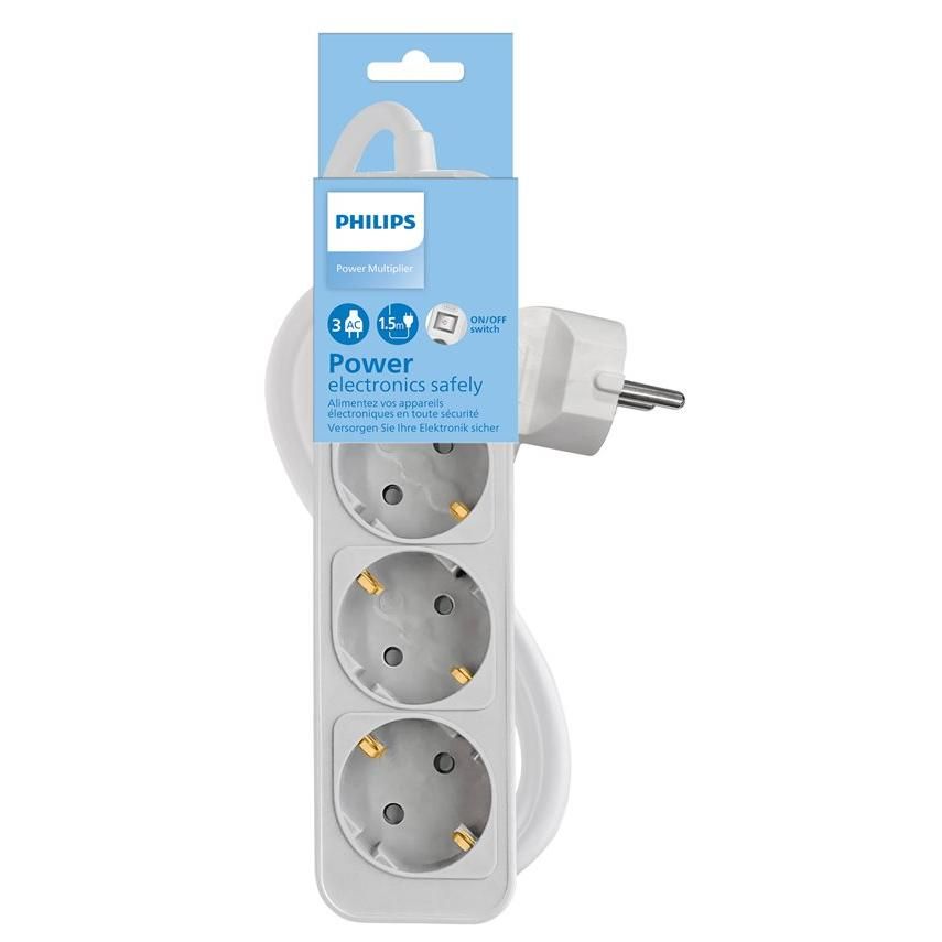Philips Power Multipler CHP2134W - Surge Protector - 3 Outlets - 1.5m Cord - White