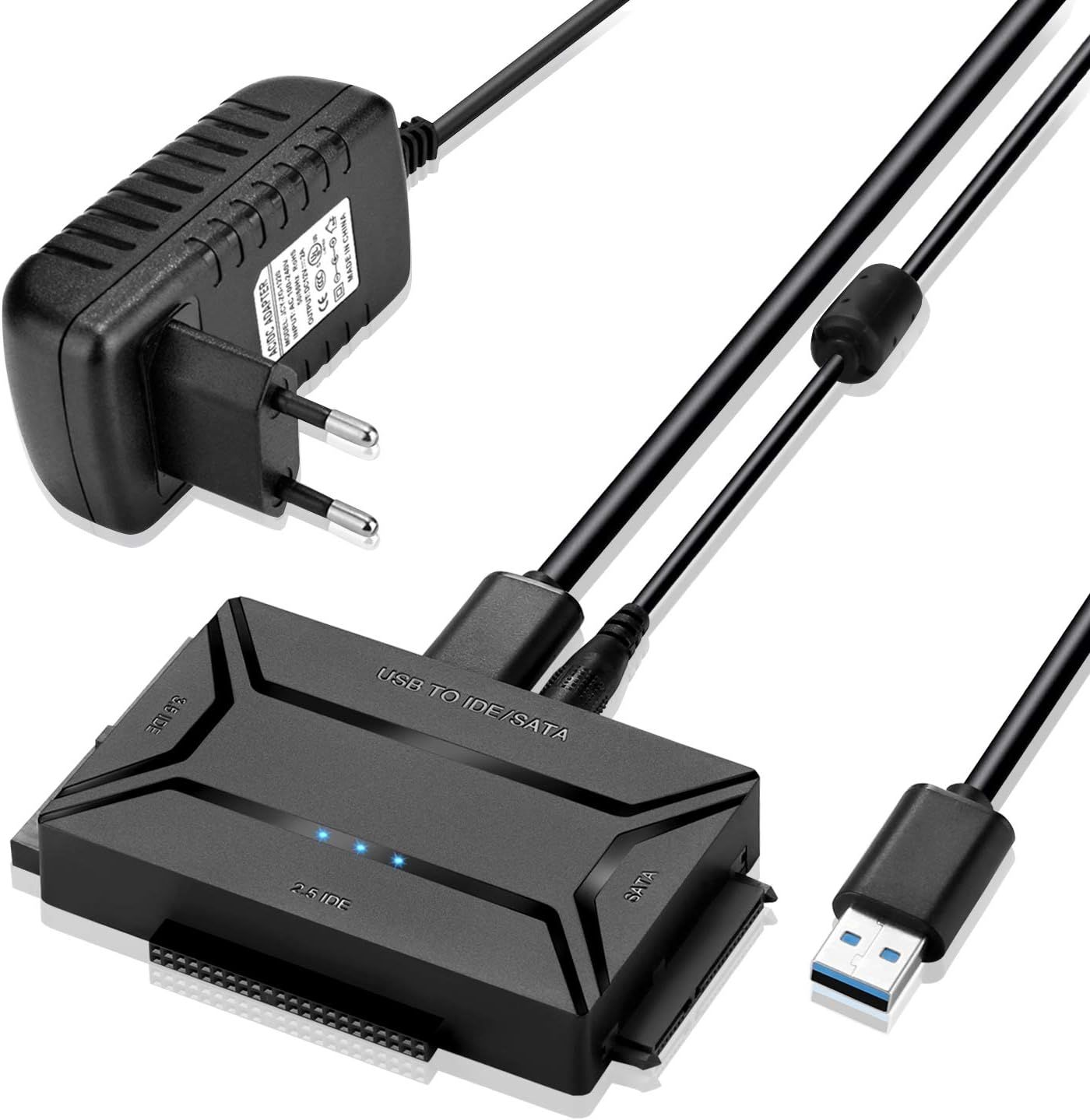 USB 3.0 to IDE SATA Adapter, 2.5/3.5 Inch IDE SATA HDD SSD Cable with External Power Adapter Support