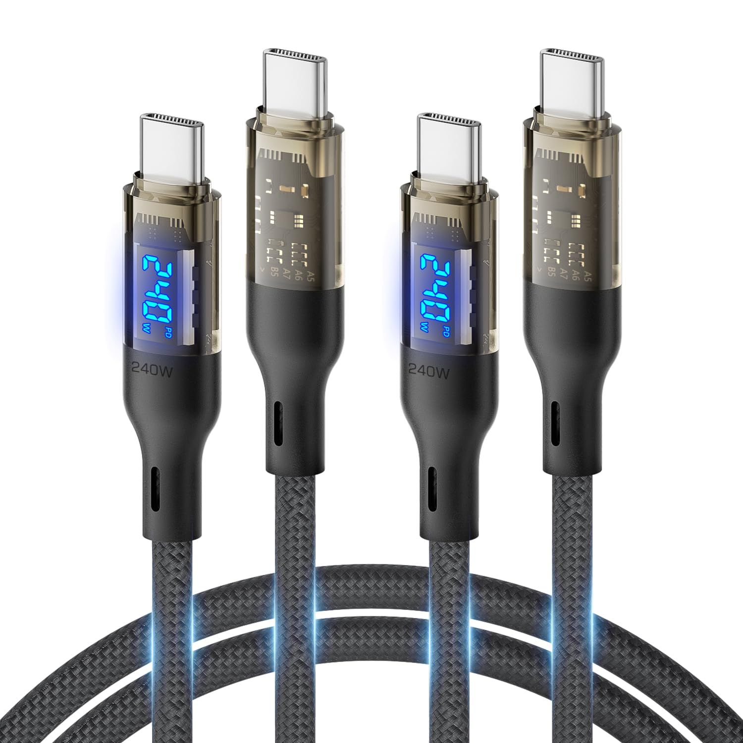 USB C to USB C Cable (1.2m, 2 Pack) - Quick Charge 240W, LED Display, For Galaxy S23/S23 Ultra/S22 Ultra, Macbook Pro, iPhone 16/15/15 Pro, etc., Transparent Case, Black