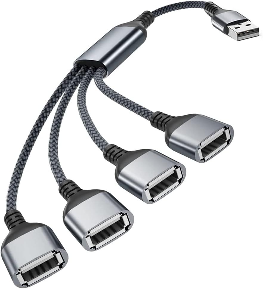 4-Port USB Splitter Cable 0.3m, 4 in 1 Type A Male to Female Nylon Multi Cord Multiple Port Expander Hub Charger Adapter for Mac, PC, TV, Car, PS4/PS5, Xbox One X/S