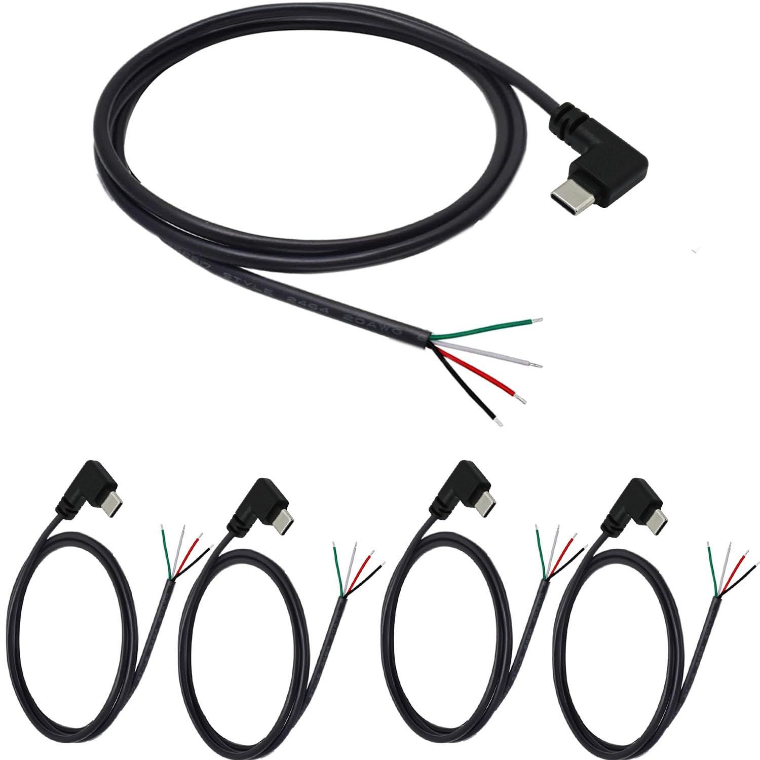 ICI ET MAINTENANT 5-Piece Pigtail USB-C Cable, 90-Degree Right Angle, 28 AWG, 5V 3A, USB-C to 4-Pin Flat Wire, USB Type C Power and Data Cable