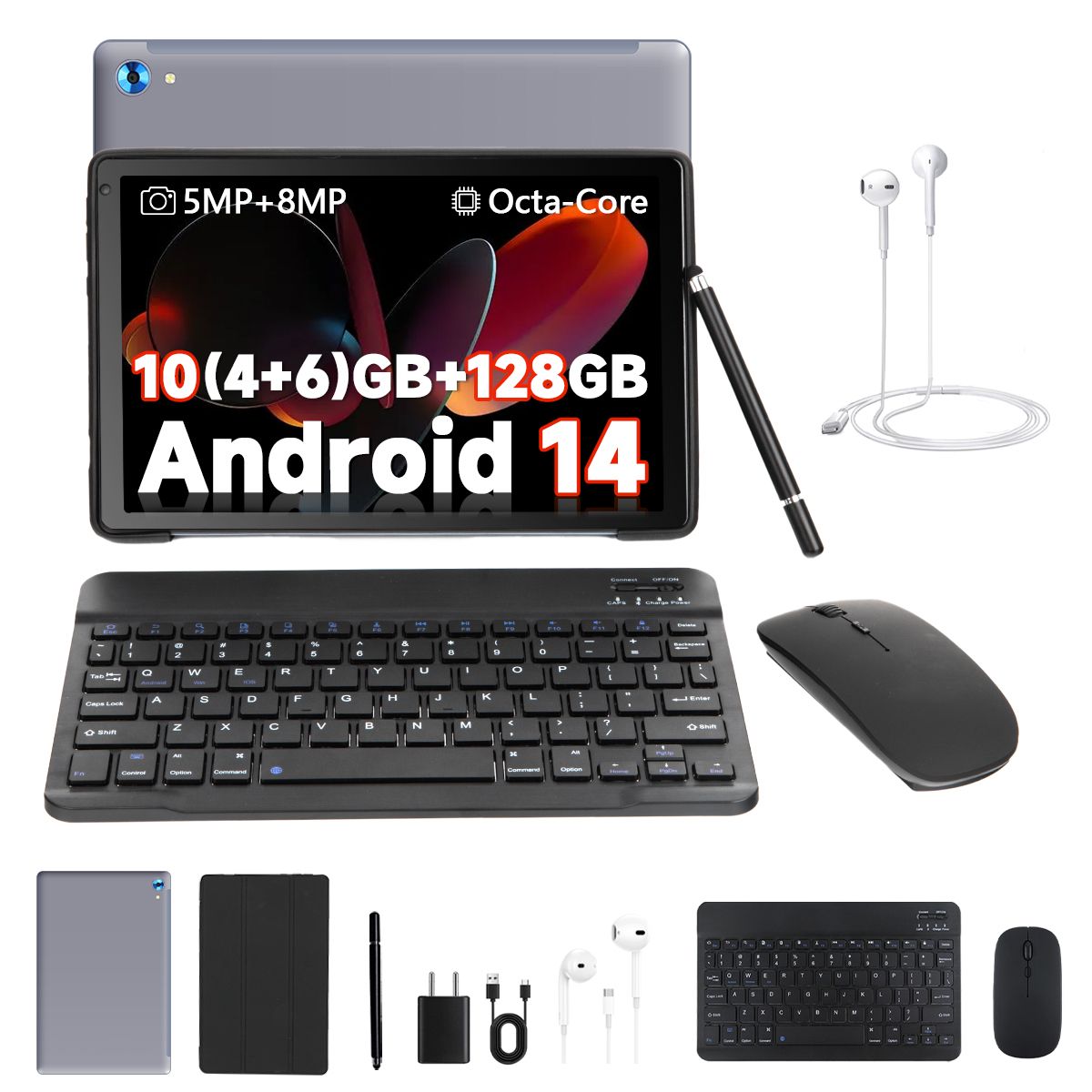 AEEZO 2-in-1 Android 14 Tablet with 10GB RAM + 128GB ROM (1TB TF), Octa-Core Processor, Widevine L1, Bluetooth 5.0, Dual Camera, 5000mAh Battery, WiFi 6