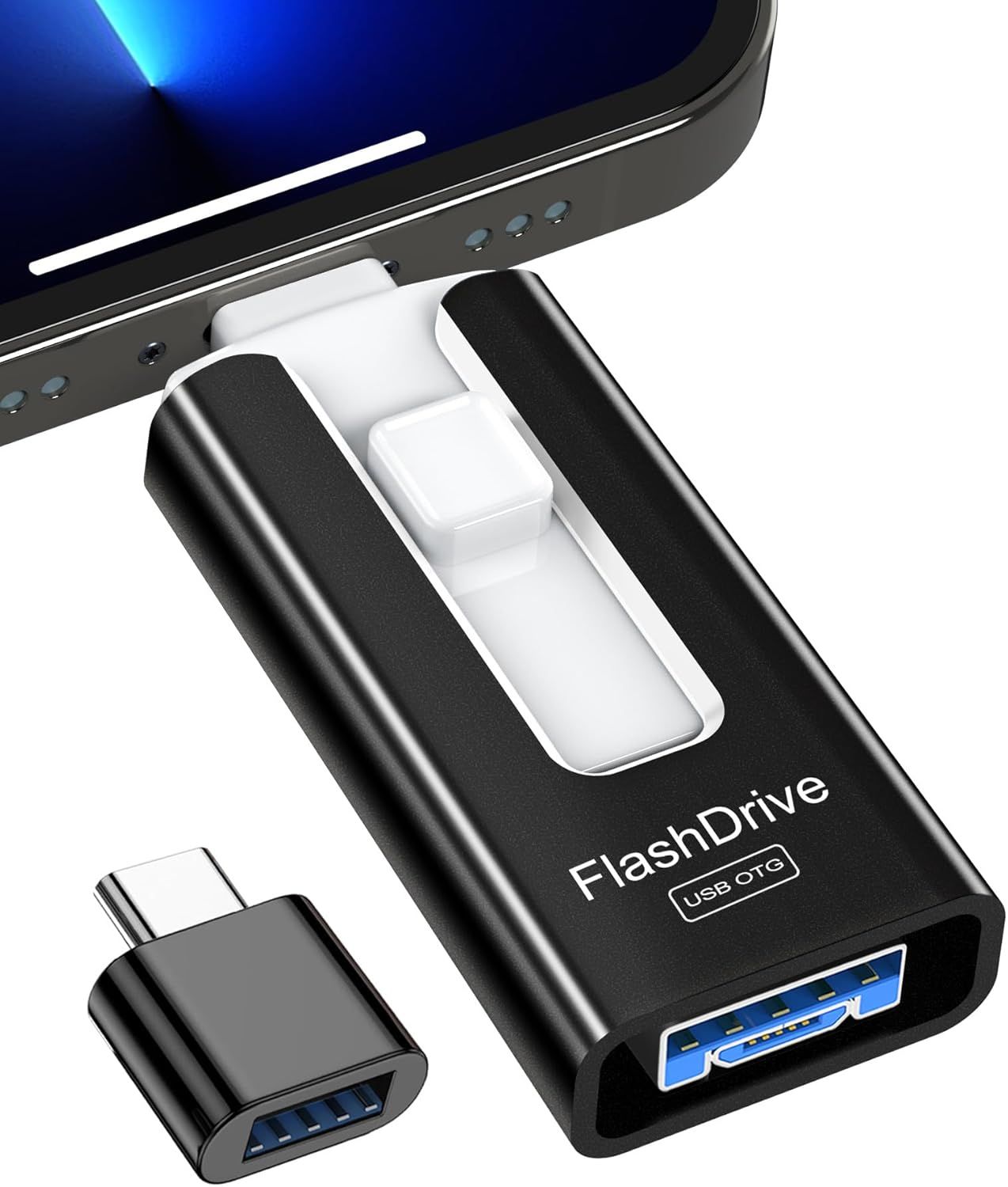 ICIEMAINTENANT 256GB USB 3.0 High-Speed Transfer Key, 4-in-1 Photo Stick External Memory for iOS, Android, Pad, Type C and PC, USB-C Storage for Photos, Videos, Files (Black)[X514]
