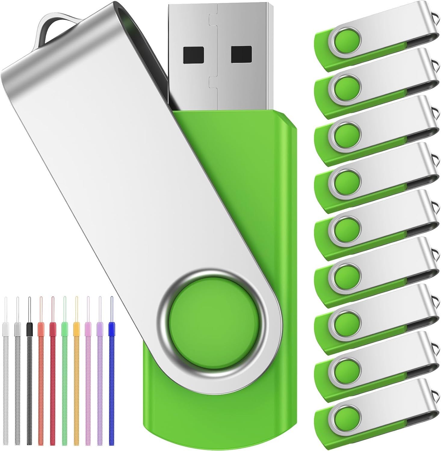 USB 2.0 4GB 10-Pack Keychain Drives - Swivel USB Memory Stick Flash Drive Green USB Key Pendrive with Cords