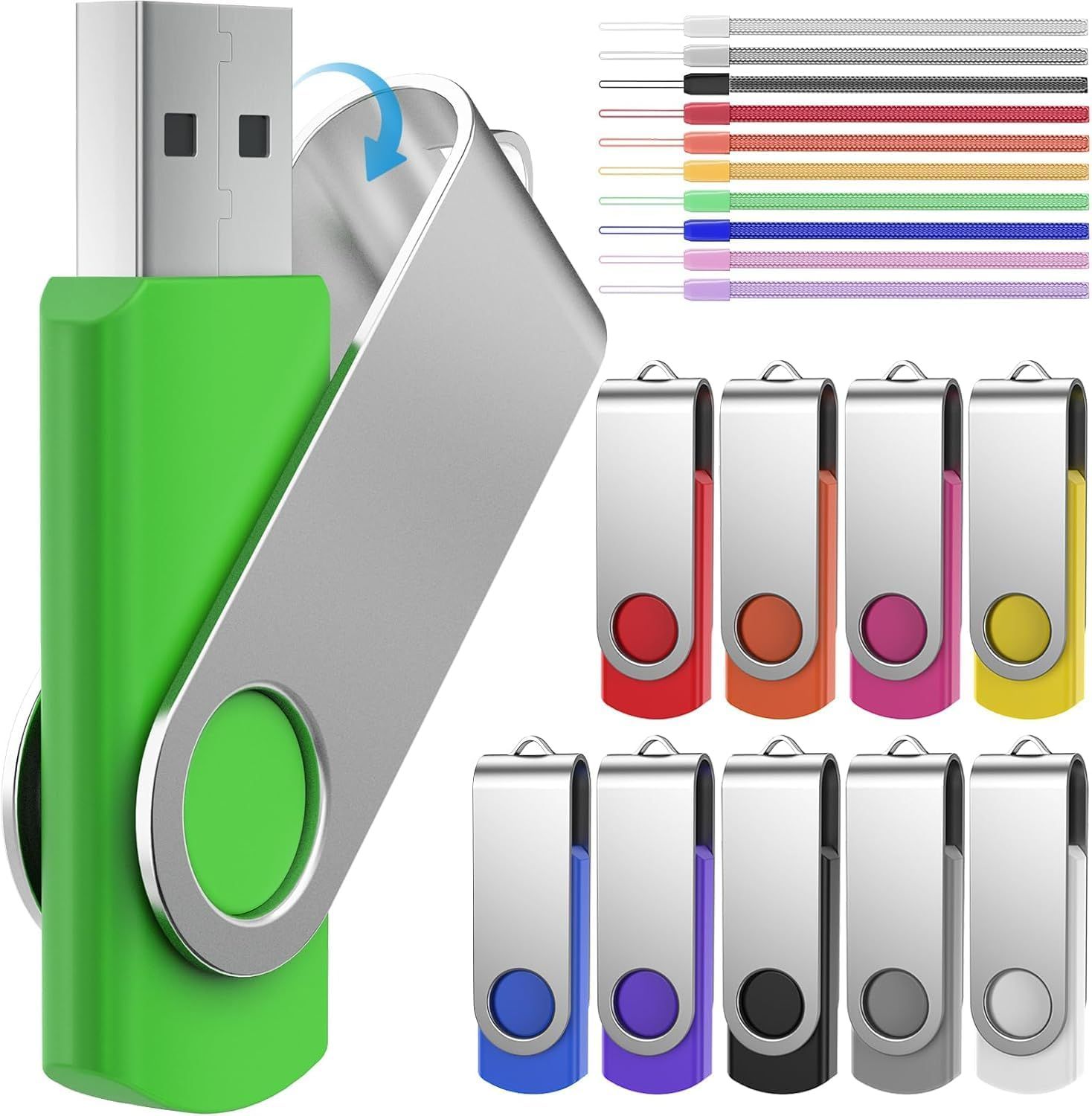 10-Piece USB 16GB Memory Key - Rotating USB 16GB Lot of 10 Keys - Multicolored USB Flash Drive with Strings