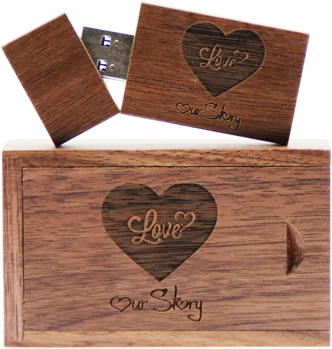 Wooden USB Key 32GB with Personalized Box - 'Love' & 'Our Story' for Weddings, Parents, Photographers (Walnut, 32GB USB3.0)