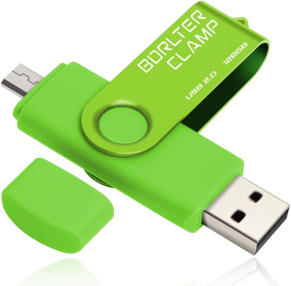 128GB USB Flash Drive, BorlterClamp 2-in-1 OTG USB Memory Stick, Rotating U Disk with Micro USB Port for Android Phone, Tablet and Computer (Green)