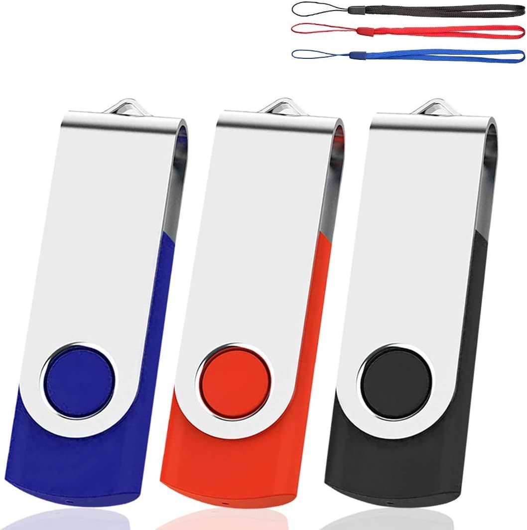 2-Pack Rotating Design USB 2.0 Flash Drive (Mixed Colors with Lanyard) - 32GB Black/Blue/Red