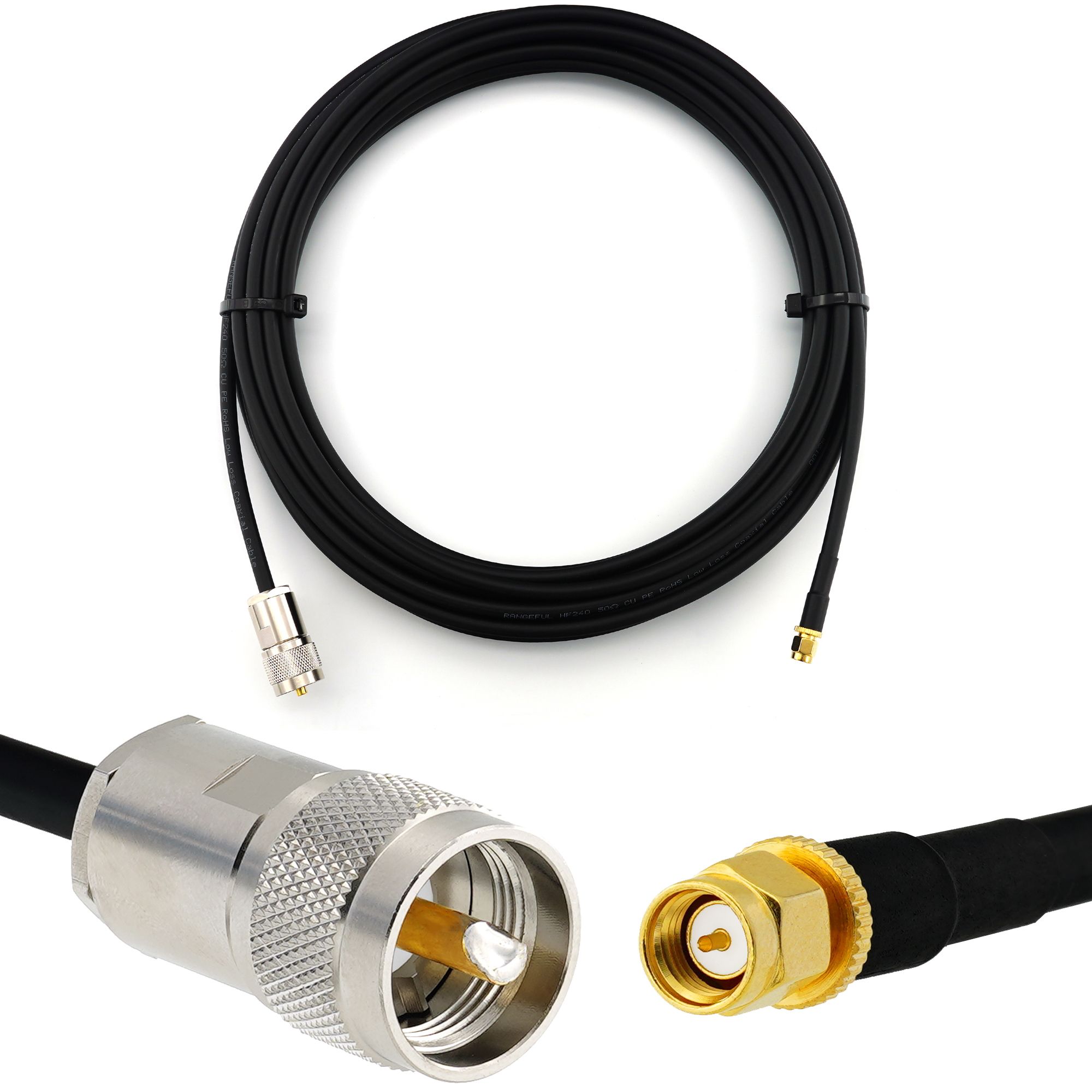 Câble coaxial UHF PL259 vers SMA mâle de 15 m - HF240 (équivalent LMR240) étanche et rallonge pour radio amateur, marine RF, VHF, SDR, radio CB